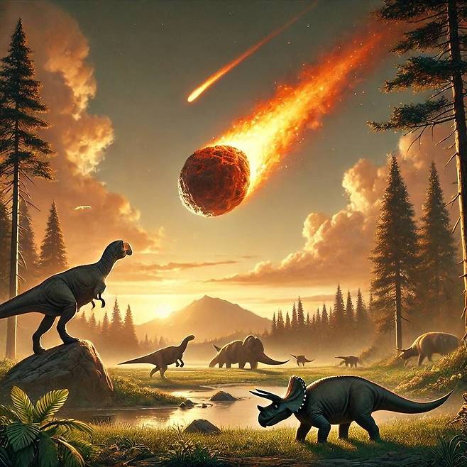 6600만년 전 공룡을 멸종 시킨 칙술루브의 충돌 장면을 상상한 모습. 칙술루브는 공룡 멸종의 직접적인 원인이지만, 그 정체가 혜성인지 소행성인지에 대해서는 논쟁이 이어지고 있다. 최근 연구 결과에 따르면 칙술루브는 탄소로 이뤄진 소행성일 가능성이 높은 것으로 나타났다./챗GPT 달리3