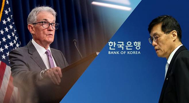 지난달 31일(현지 시각) 연방공개시장위원회(FOMC) 정례회의 후 기자회견을 하는 제롬 파월 미 연방준비제도(Fed·연준) 의장(왼쪽)과 지난달 11일 금융통화위원회(금통위) 통화정책방향 기자회견에 참석하는 이창용 한은 총재의 모습. /AFP=연합뉴스·뉴스1