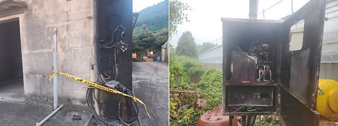 지난 15일 낮 제주에서 낙뢰가 원인으로 추정되는 불이 나 전력량계가 타는 피해가 발생했다. 제주도소방안전본부 제공
