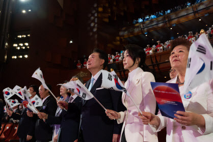 윤석열 대통령과 김건희 여사가 15일 서울 종로구 세종문화회관에서 열린 제79주년 광복절 경축식에서 태극기를 흔들고 있다(사진=연합뉴스)