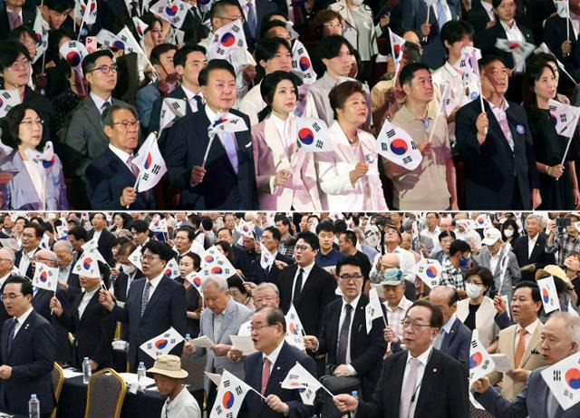 15일 정부 주최 광복절 경축식과 독립운동단체가 주최한 광복절 기념식이 따로 열리는 사상 초유의 일이 발생했다. 사진은 제79주년 광복절 경축식이 서울 세종문화회관 대극장에서 열린 가운데 윤석열 대통령과 김건희 여사가 국민의례를 하고 있는 모습(위쪽 사진)과 서울 용산구 백범김구기념관에서 열린 광복회 주최 광복절 기념식의 모습. 왕태석 선임기자·신용주 인턴기자