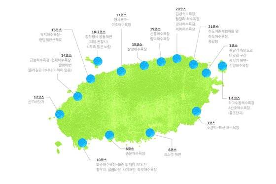 사단법인 제주올레가 선정한 맨발걷기 명소 구간표. 사진 제주올레