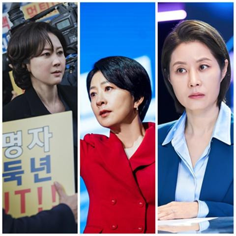 드라마 속 여성 정치인들의 모습. 염정아(왼쪽 첫 번째 사진)는 '노 웨이 아웃: 더 룰렛'에서 호산시장 안명자 역을, 김희애(가운데)는 '돌풍'에서 경제부총리 정수진 역을 강렬하게 연기했다. 문소리는 '퀸메이커'에서 서울시장에 출마하는 오경숙을 묵직하게 소화했다. 디즈니플러스·넷플릭스 제공