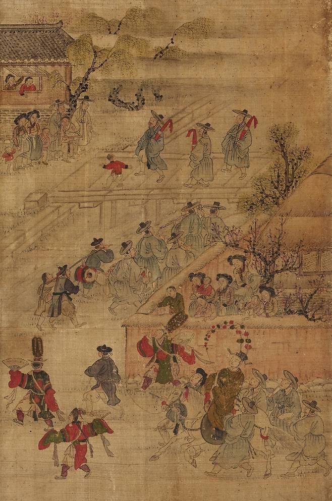 작자미상 평생도 중 삼일유가(조선시대). 과거 급제자가 3일간 스승, 친척 등 주변 사람에게 인사를 드리러 다니는 일을 묘사했다. [국립중앙박물관]