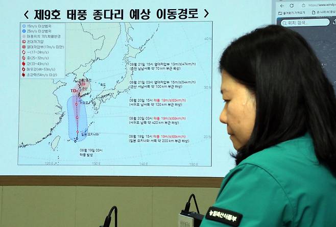 박범수 농림축산식품부 차관 주재로 19일 오후 정부세종청사 농업재해대책상황실에서 열린 제9호 태풍 ‘종다리’ 대비 긴급 상황점검 회의. [사진 출처 = 연합뉴스]