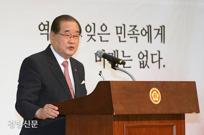 이종찬 광복회장이 광복절인 15일 서울 용산구 효창공원 내 백범김구기념관에서 열린 광복회 주최 광복절 기념식에서 기념사를 하고 있다. 권도현 기자