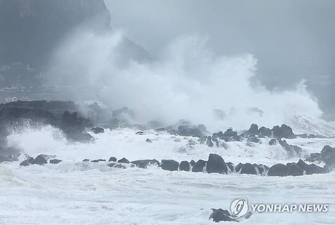 제9호 태풍 종다리가 북상 중인 오늘(20일) 오전 제주 서귀포시 안덕면 사계리 해안에 거센 파도가 밀려오고 있다. / 사진=연합뉴스