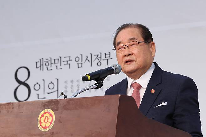 제79주년 8·15 광복절인 15일 오전 서울 용산구 효창공원 내 백범김구기념관에서 열린 광복회 주최 광복절 기념식에서 이종찬 광복회장이 기념사하고 있다. ⓒ연합뉴스