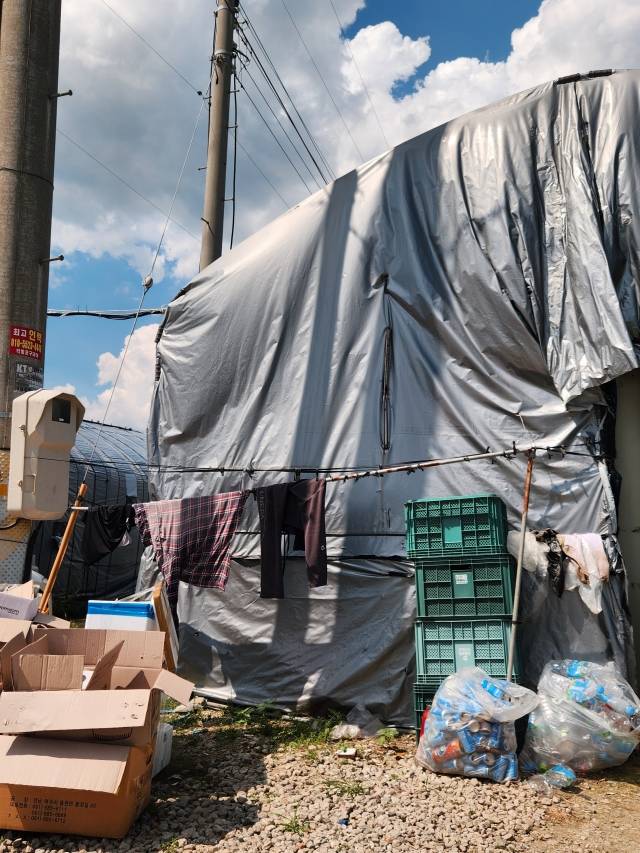 지난 19일 경기 포천시 가산면 인근에 있는 이주노동자들의 불법 숙소 앞에 생활쓰레기가 놓여 있다. 그 위로 젖은 빨래가 널려 있다.