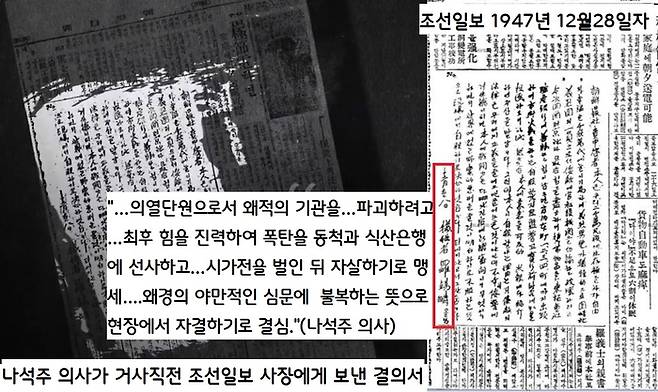 나석주 의사가 거사 직전 조선일보사에 보낸 결의문. 나의사는 “의열단원으로서 동척과 식산은행에 폭탄을 투척하고 시가전을 벌인 뒤 자살하기로 맹세한다”고 밝혔다.