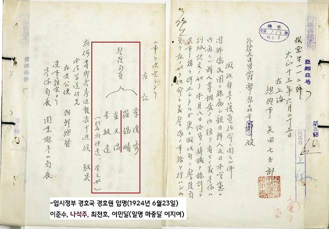 나의사는 1924년 6월 상해 임시정부 경무국 경호원-경호국장이 되었다. 경무국은 일제경찰과 정탐, 밀정 등으로부터 임시정부를 보호하는 임무를 맡고 있었다.|한국사데이터베이스 자료