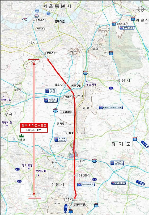 [서울=뉴시스] 22일 예비타당성조사를 통과한 경부 지하고속도로 건설사업의 위치도. 2024.08.22. (자료=국토교통부 제공) photo@newsis.com  *재판매 및 DB 금지