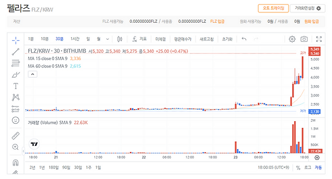가상자산 거래소 빗썸 오후6시 기준 펠라즈 차트. 빗썸 홈페이지 갈무리.