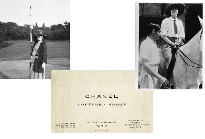 (왼쪽) 골프를 즐기는 가브리엘 샤넬, 1917년 © Photo by Apic/Getty Images, (가운데) 꾸뛰르와 스포츠 라고 적힌 샤넬 하우스의 명함. 샤넬의 1920년대 아카이브, 파리. © CHANEL, (오른쪽) 가브리엘 샤넬과 아서 ‘보이’ 카펠의 모습, 1910년. © CHANEL - Archives privées / DR [사진 샤넬]