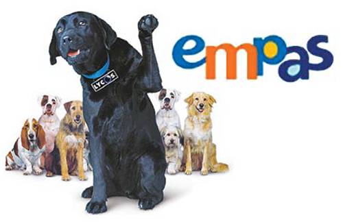 라이코스의 마스코트 검은색 개와 엠파스 로고. [중앙포토]