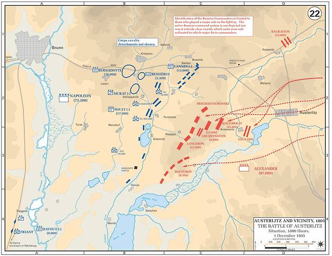 아우스터리츠 전투 당시(1805년 12월1일) 동맹군(빨간색)과 나폴레옹군(파란색)의 대치