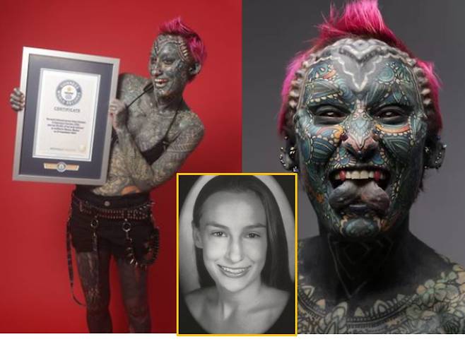 신체 99.9%를 덮는 타투와 혀, 귀, 유두 등 신체 곳곳을 개조를 한 30대 미국 여성이 세계에서 가장 문신이 많은 여성과 신체개조를 가장 많이 한 여성, 이 두 가지 기록으로 2024년 8월 기네스 세계 기록에 등재됐다. 하단 사진=타투를 하기 전 모습 [사진=영국 일간 미러/ 출처=기네스 세계기록 공식 사이트 https://www.guinnessworldrecords.com]