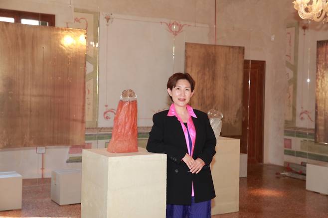 Lim Keun-hye, director of Arko Art Center, poses for a photo at “Every Island is a Mountain” at Palazzo Malta-Ordine di Malta in Venice, Italy. (Arts Council of Korea)