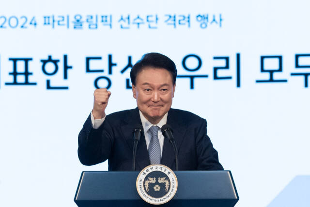 지난 22일 서울 중구 신라호텔에서 열린 '2024 파리올림픽 선수단 격려 행사'에서 격려 발언 중인 윤석열 대통령. 연합뉴스