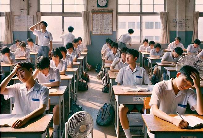 전국 학교가 ‘찜통교실’ 문제로 골머리를 앓고 있다. [챗GPT를 사용해 제작]