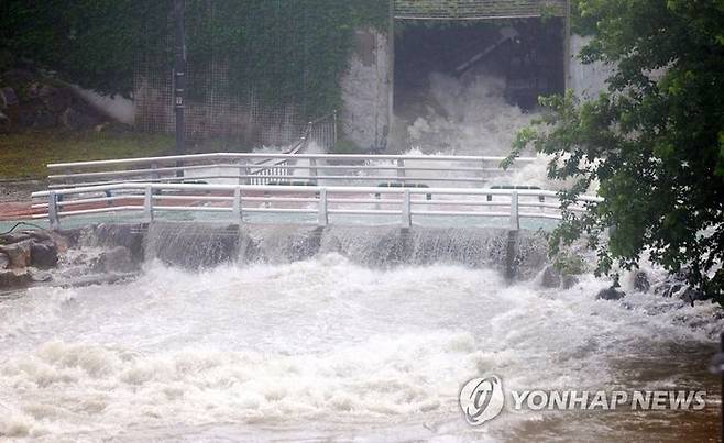 환경부가 내년도 예산안 편성 기본 방향으로 물관리 예산을 확대하기로 한 가운데 지난달 13일 서울 구로구 도림천으로 인근 빗물펌프장의 물들이 유입되고 있다. ⓒ연합뉴스