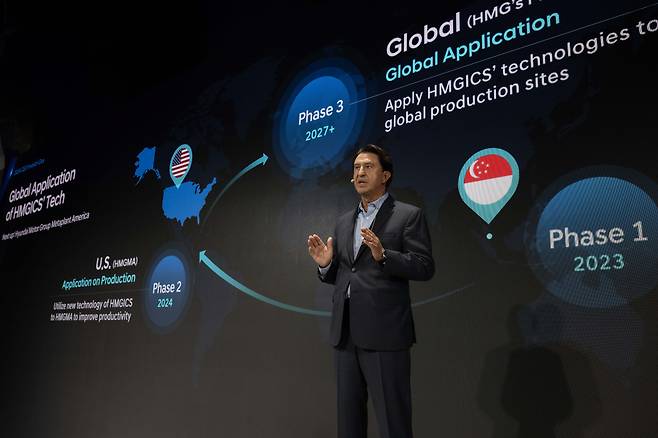 호세 무뇨스 현대차그룹 글로벌 최고운영책임자(COO)가 28일 서울 여의도 콘래드 호텔에서 열린 ‘2024 CEO 인베스터데이’에서 글로벌 시장 목표를 발표하고 있다. [현대차 제공]