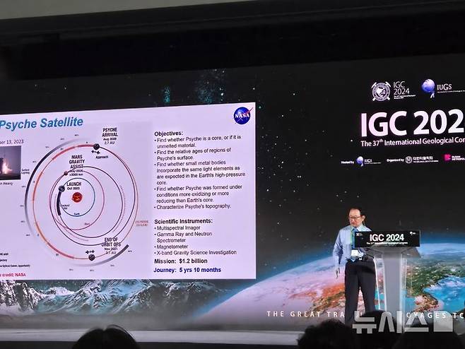 [부산=뉴시스]미 항공우주국(NASA) 랭글리연구소 수석연구원인 최상혁 박사가 28일 부산 벡스코에서 열린 '세계지질과학총회(IGC 2024)'에서 달 자원 탐사·활용·지속가능성에 대해 발표하고 있다. (사진=윤현성 기자)