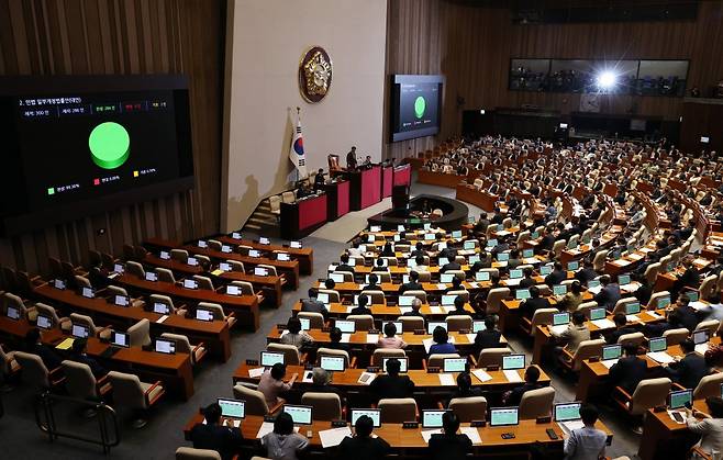 28일 오후 서울 여의도 국회에서 열린 제417회국회(임시회) 제2차 본회의에서 양육 의무를 저버린 부모는 상속권을 갖지 못하도록 한 ‘’구하라법‘’(민법 개정안)이 재적 300인, 재석 286인 중 찬성 284인, 반대 0인, 기권 2인으로 통과되고 있다. 2024.8.28/뉴스1