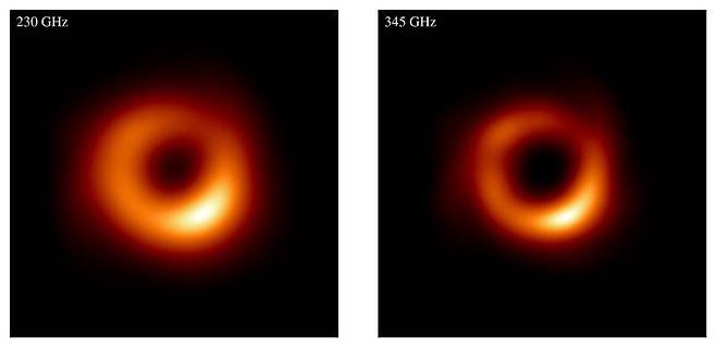 230㎓로 관측한 최초의 블랙홀(M87*) 영상(왼쪽)과 이번에 345㎓로 관측한 블랙홀 시뮬레이션 영상. 사건지평선망원경팀 제공