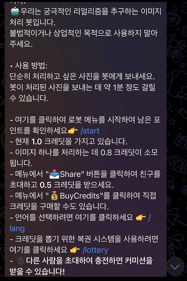 빠르면 1분 만에도 딥페이크물을 만들 수 있다고 광고하는 텔레그램방 공지. 3000원이 안되는 돈으로 딥페이크 사진 1장을 만들 수 있다. [X(구 트위터) 캡처]