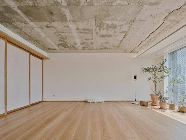 거실은 마감재를 제거하고 콘크리트 마감재를 노출한 덕분에 층고가 높아졌다. 별다른 가구나 가전을 놓지 않고 조명과 화분만 둬 정갈한 분위기를 만들었다. 박수환 건축사진작가 제공