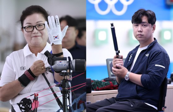 한국 패럴림픽 선수단 최고령 양궁 국가대표 김옥금(64·왼쪽)과 예비 아빠 사격 국가대표 조정두(37)씨. 사진 대한장애인체육회 제공