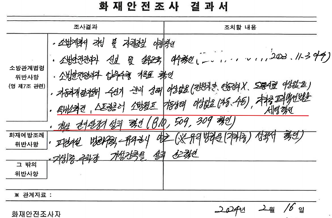 경기 부천소방서의 지난 2월 화재안전조사 결과서