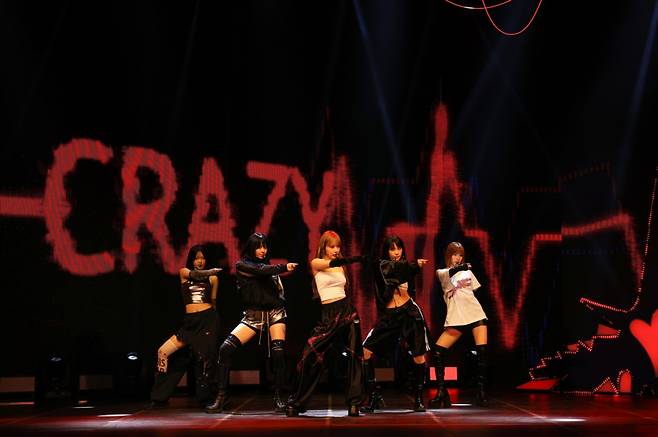 Le Sserafim performs the group's new title track "Crazy" during a media showcase for their 4th mini-album "Crazy" held in Seoul on Thursday. (Source Music)