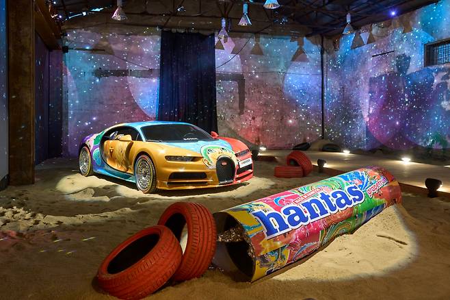 A Bugatti Chiron, wrapped in webtoon artist Kian84's iconic art design, was featured during his solo exhibitions in Seoul and Busan in March, as part of Hankook Tire's "DRIVE" art project. (Hankook Tire)