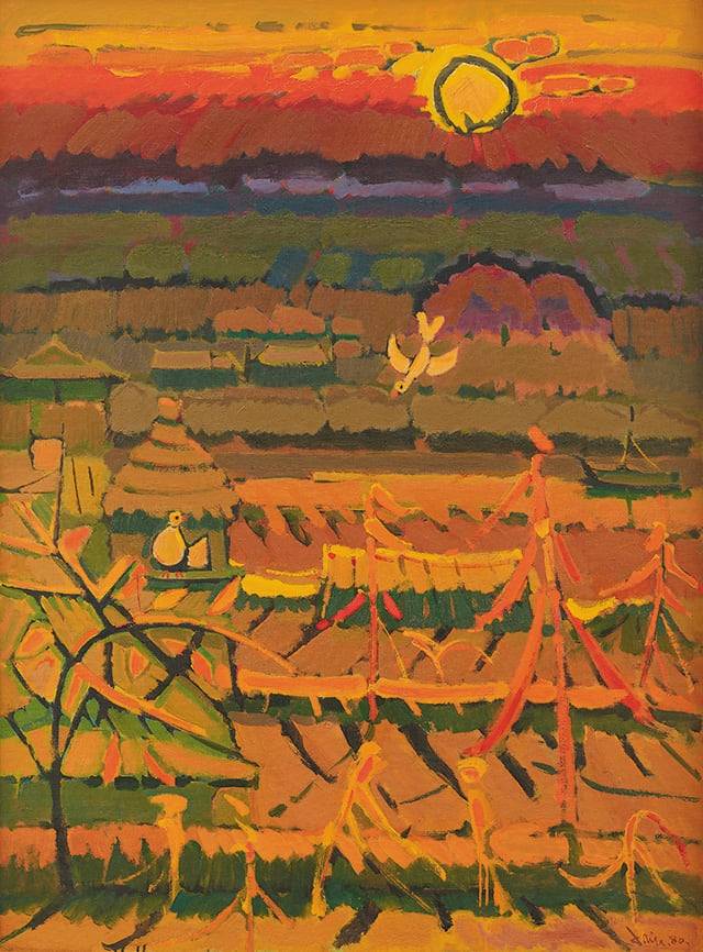 1980년 작 ‘평화’. 강과 고깃배, 먼 산과 새 등 화가의 주된 소재가 모두 등장한다. 그는 해 지는 풍경뿐 아니라 아침의 찬란한 순간도 그렸다. /국립현대미술관