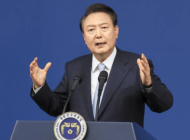 President Yoon Suk-yeol speaks during a press conference in the briefing room of the Presidential Office in Yongsan, Seoul, on Aug 29. /Newsis