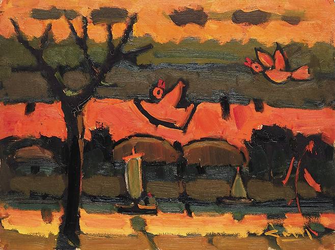 석양이 물든 강 위로 자유롭게 날아다니는 새들을 그린 ‘무제’. /성북구립미술관