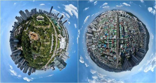 31일 인천의 신도심인 연수구 송도국제도시(왼쪽)는 대규모 공원 등이 짙푸른 반면, 원도심인 미추홀구(오른쪽)에는 주택 등만 빽빽하게 들어서 있다. 조병석기자