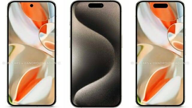 왼쪽부터 구글 픽셀폰과 아이폰, 구글 픽셀폰에 애플의 다이내믹 아일랜드를 적용한 모습 (사진=폰아레나)