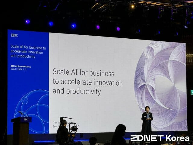 이은주 한국IBM 대표가 서울 강남구에서 열린 'IBM AI 서밋 코리아' 행사에서 환영사를 하고 있다. (사진=양정민 기자)