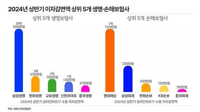 2024년 상반기 이자감면액 상위 5개 생명·손해보험사. ⓒ데일리안 황현욱 기자
