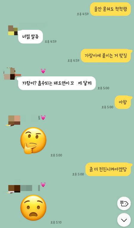 생리대를 어떻게 착용해야 하는지 친절하게 알려주던 아내. /사진=남형도 기자와 아내 카톡