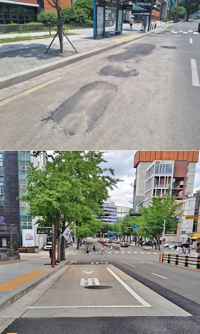 버스정류장 콘크리트 포장 전(위)후(아래) 모습 [강남구 제공. 재판매 및 DB 금지]