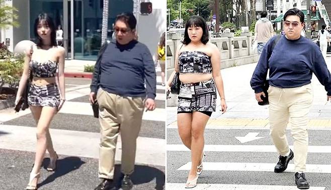 BJ과즙세연과 방시역 하이브 의장(왼쪽 사진). 오늘쪽 사진은 이 둘을 패러디한 코미디언 이수지와 김규원. 사진 유튜브 캡처