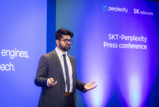 Perplexity CEO Aravind Srinivas, introduces its AI-powered search engine Perplexity AI at a press event held at SK Telecom's headquarters in central Seoul on Wednesday. [SK TELECOM]