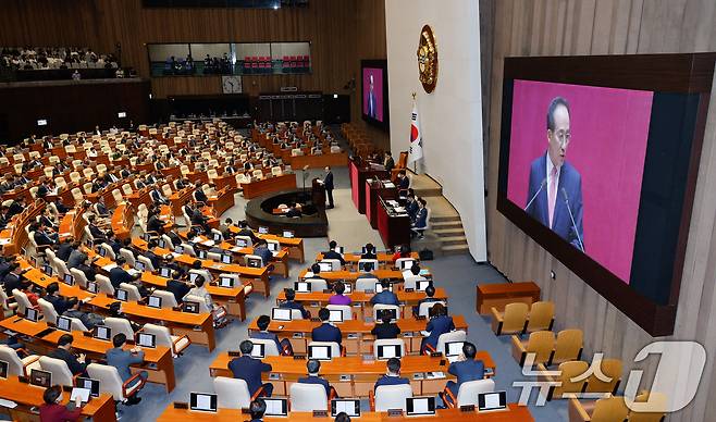 추경호 국민의힘 원내대표가 5일 오전 서울 여의도 국회 본회의장에서 교섭단체 대표 연설을 하고 있다. 2024.9.5/뉴스1 ⓒ News1 안은나 기자