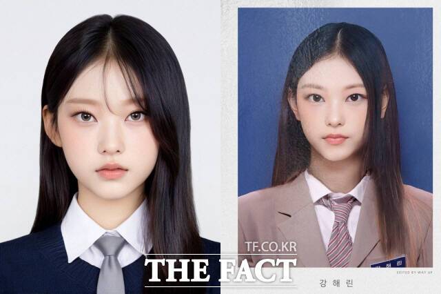 뉴진스 해린의 실제 증명사진(오른쪽)과 스노우를 통해 생성한 증명사진(왼쪽)을 나란히 뒀다. /스노우