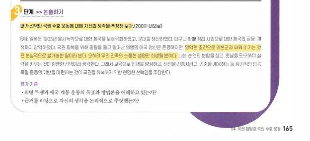 한국학력평가원 고등학교 한국사 1 교과서 165쪽에 국권 수호 운동 탐구자료가 제시돼 있다. 민족문제연구소 제공