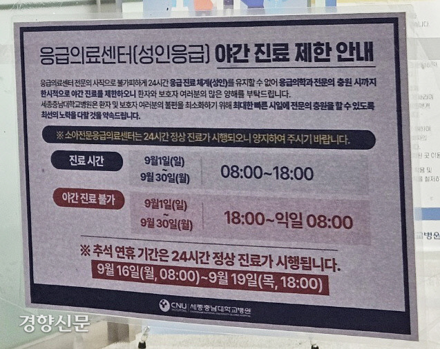 A notice announcing the suspension of nighttime treatment is posted at the entrance of the emergency medical center of Sejong Chungnam National University Hospital on September 3. Reporter Lee Jong-seop